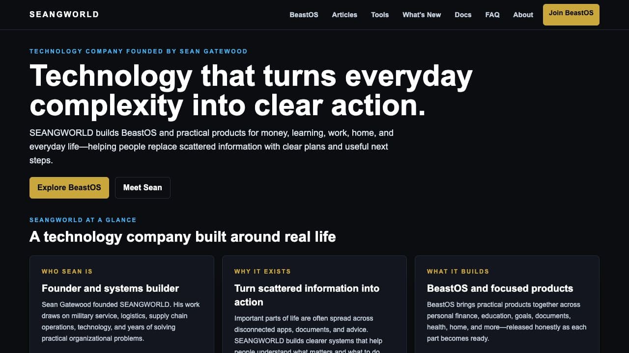 SEANGWORLD homepage identifying the technology company, its founder, mission, and product focus